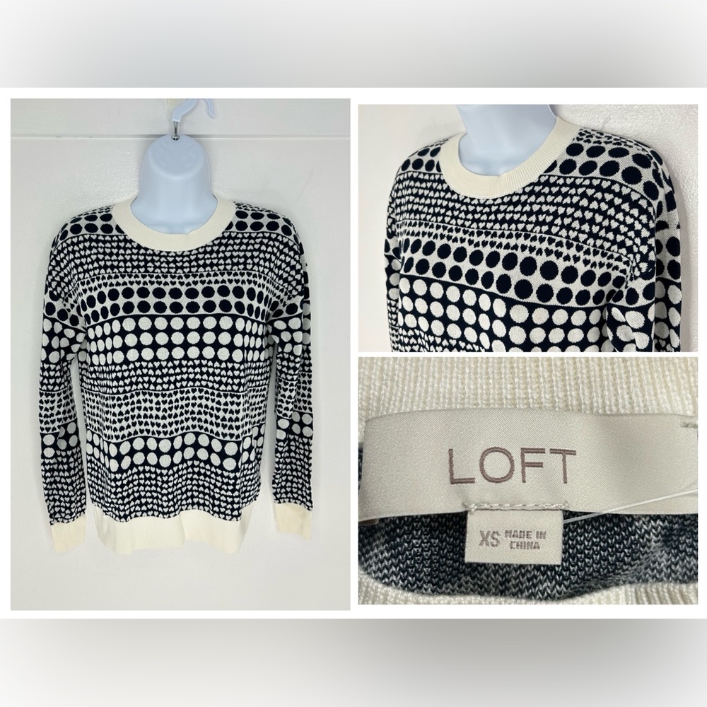 LOFT NWT Heart Dot Crewneck Sweater Size XS White Navy Office Valentines‎ Day